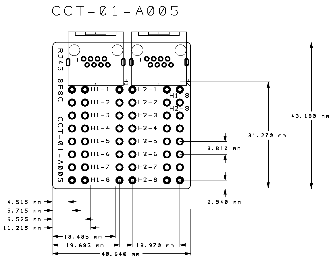 Dimension size for CCT-01-A005 Ethernet RJ45 socket.